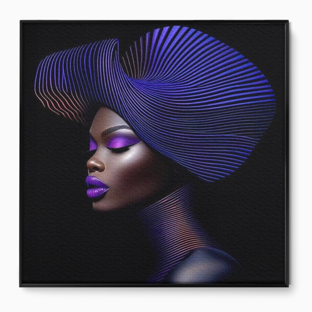 Tablou canvas cu portret digital de femeie cu fusta plisata, in rama de aluminiu negru